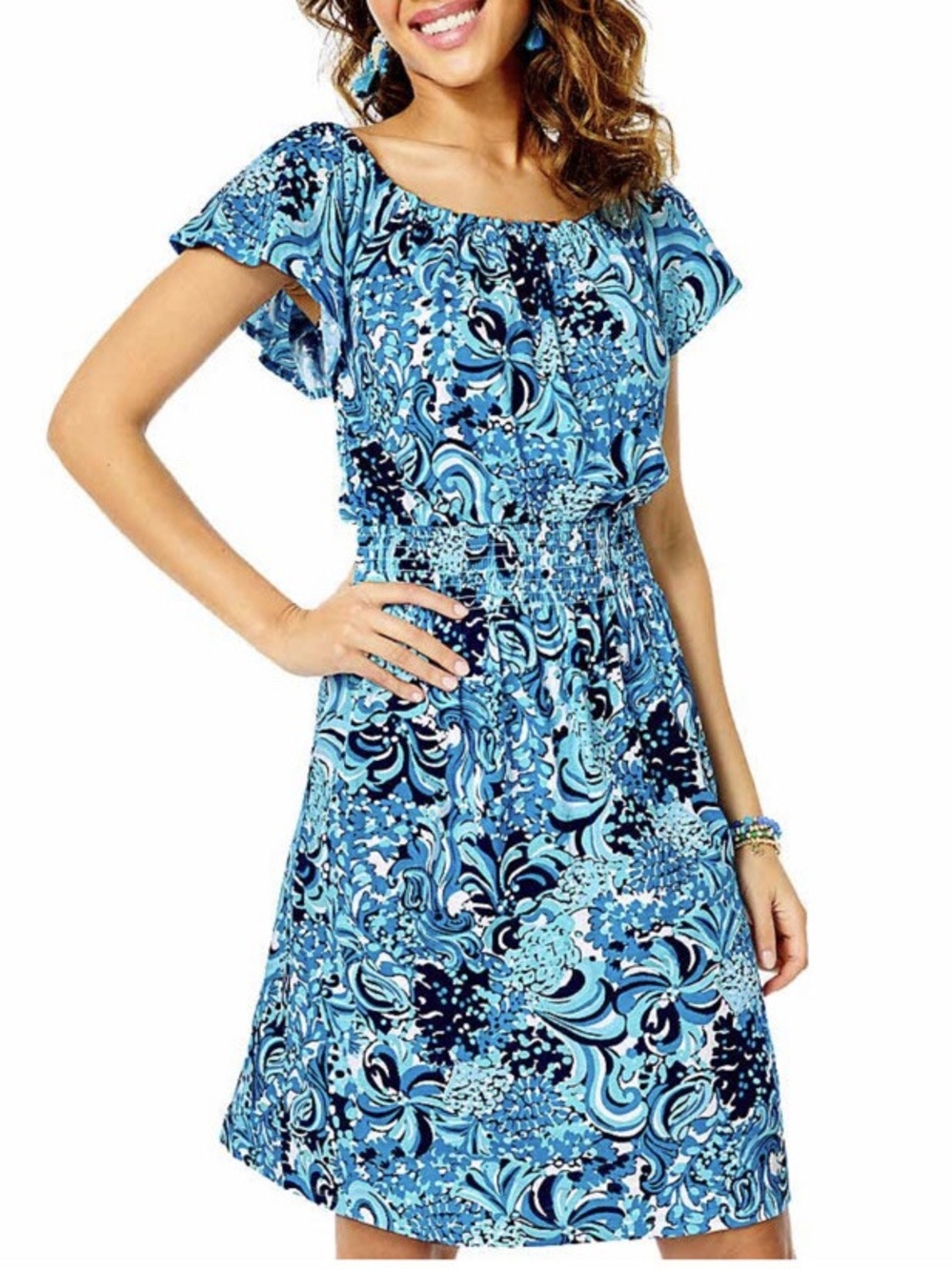 Lilly Pulitzer Clarette Flutter Sleeve Off Shoulders Dress Mermazing Size XL